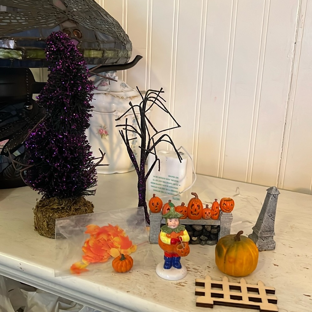 Dept 56 Halloween village trees boy figurine pumpkin accessories